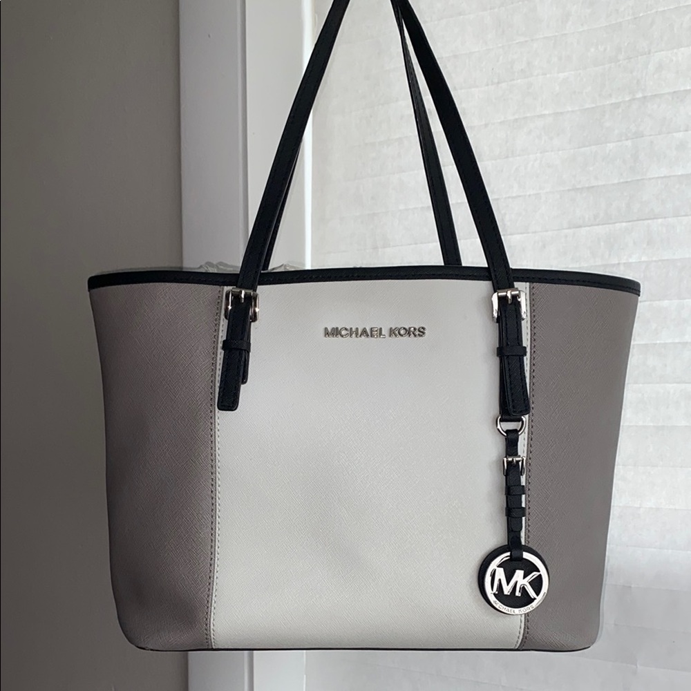 Michael Kors White and Gray Structured Leather Tote